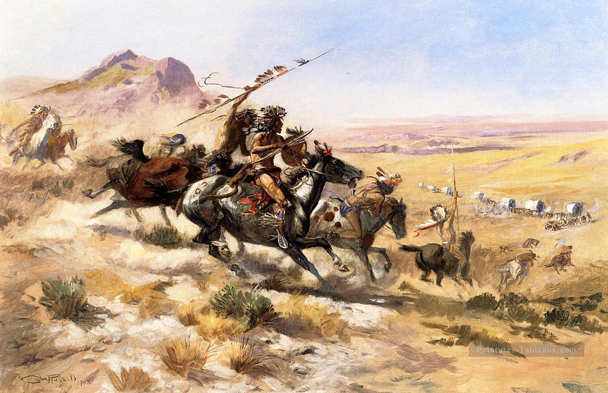 Attaque sur un wagon Train Art occidental Amérindien Charles Marion Russell Peintures à l'huile